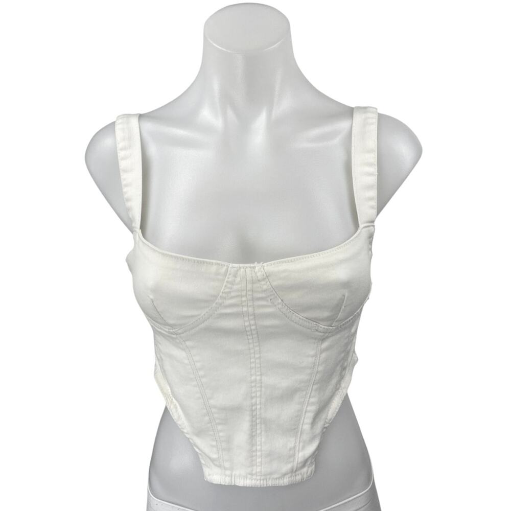 Zara White Denim Sleeveless Square Neck Corset Bandeau Bustier Crop Tank Top S